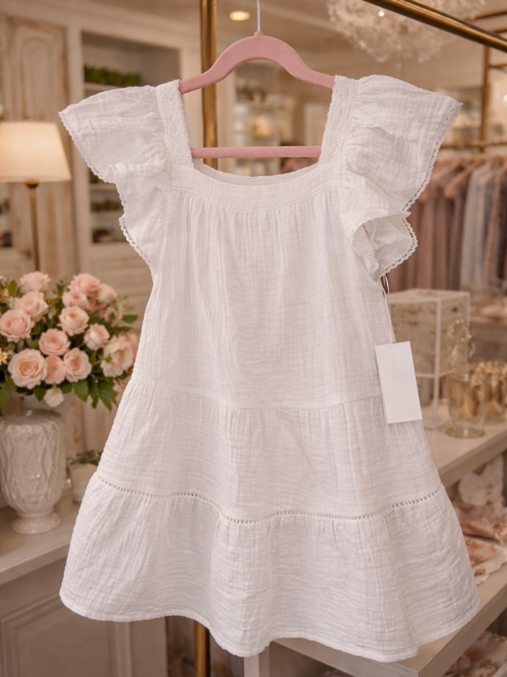 White Ruffled Sleeve Cotton Dress